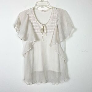 Mudd Ivory White Flutter Sleeve Tie Front Peasant Blouse Size L